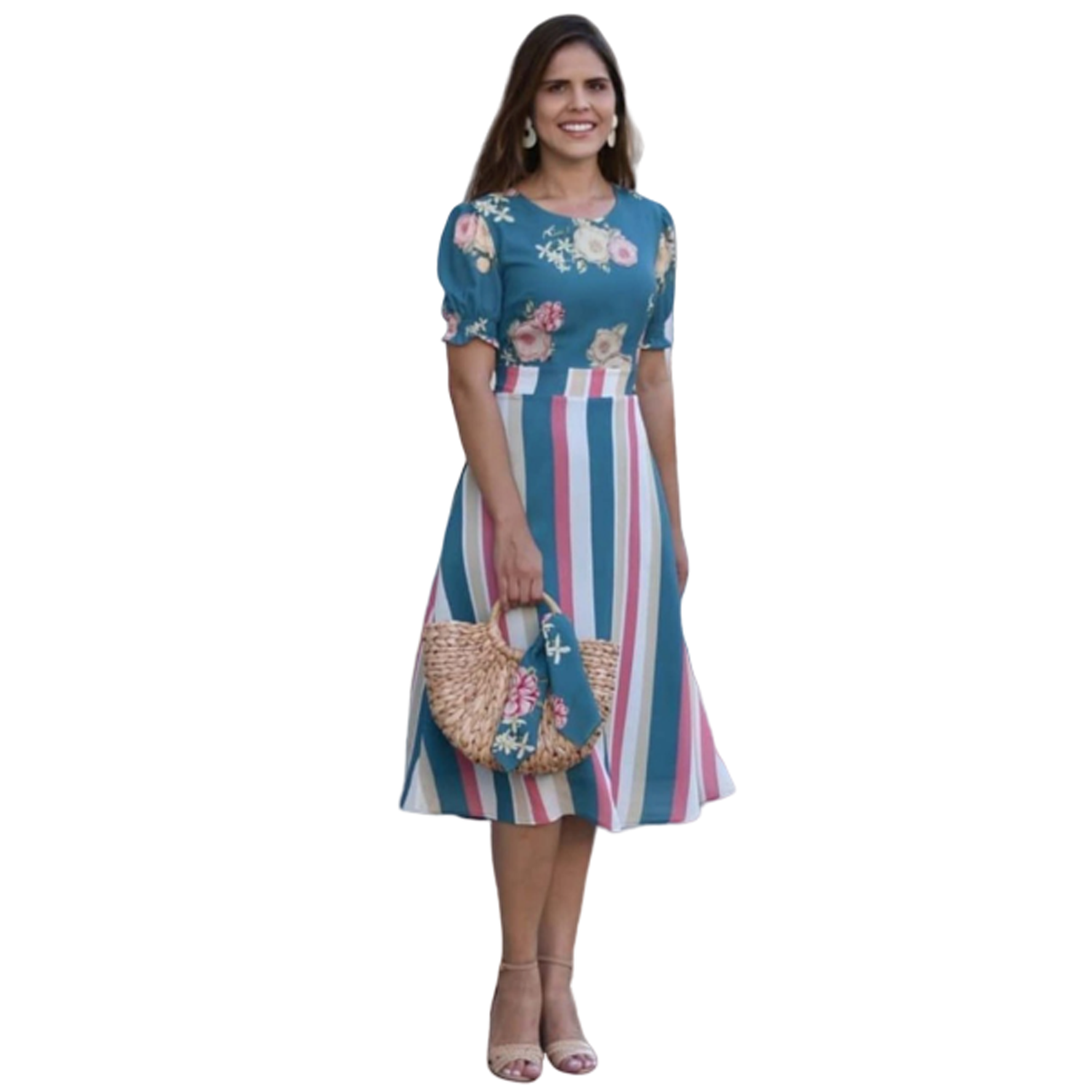 Floral A-Line Midi Dress Multicoloured , one piece dress for girls, one  piece dress knee length,